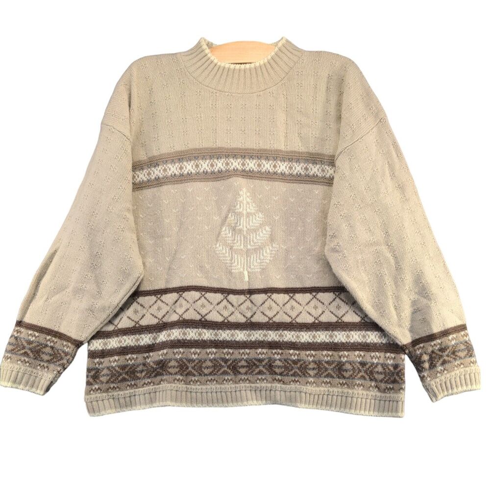 Cape Cod Women's Pullover Knit Sweater Tan XL Fair Isle Mock Neck Vintage